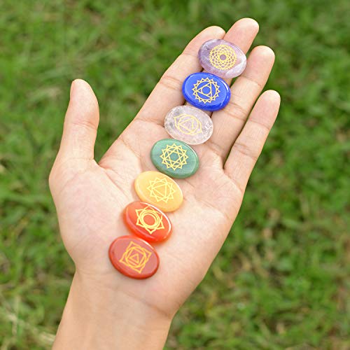 Piedras curativas naturales para chakras Hivexagon, juego de 7 piedras de preocupación con símbolos, cristales curativos de energía y reiki para meditación, concentración, crecimiento espiritual - Imagen 5