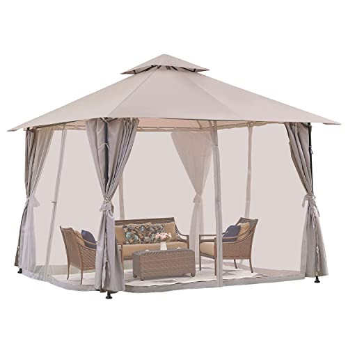 LAUSAINT HOME 10'x10' Gazebo for Patio Tent Outdoor Canopy Shelter with Mosquito Netting Double Roof Top with Curtain Screens Waterproof and Portable Pergola for Garden Backyard Parties Deck Khaki