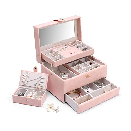 Vlando Jewelry Box Organizer with Small Travel Jewelry Box, 3-Layer Necklaces Earrings Rings Storage Case, One-Button Opening, Gift Packing (Pink)