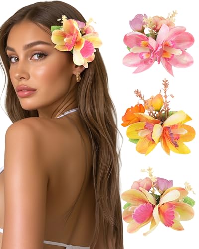WELROG 3 PCS Hawaiian Flower Hair Clips for Women,Tropical Orchid Hair Pin
