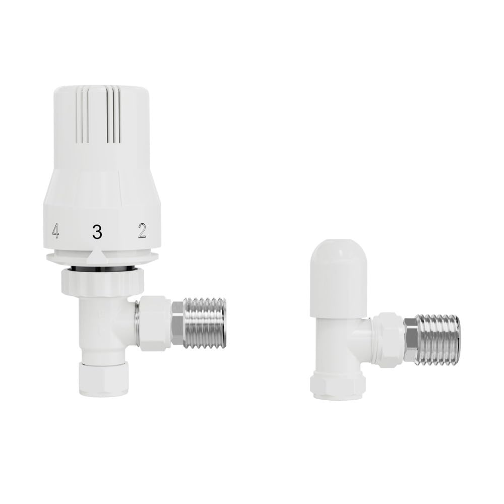 Warmehaus White Angled Thermostatic Radiator Valve Trv + Lockshield 15Mm