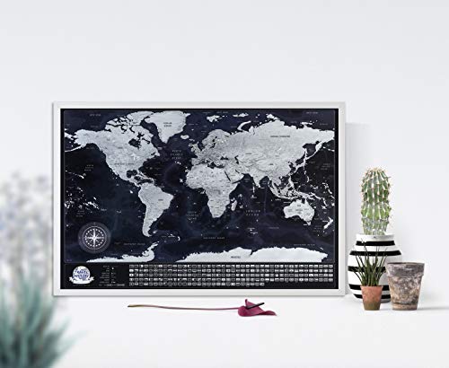 Scratch off World Map Poster - 196 landen vlaggen, 732 grootste steden en hoofdsteden, origineel zilver kleur oppervlak… - Image 4