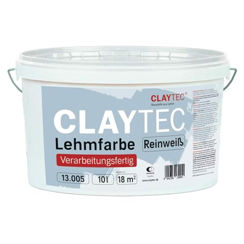 Claytec Lehmfarbe reinweiß 10 l – verarbeitungsfertige ökologische Wandfarbe für Innen, matte Naturfarbe ohne Lösungsmittel, schadstofffrei & diffusionsoffen, ideal für Wohnräume & Schlafzimmer