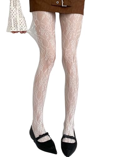 Image of RoseSeek Women's 1 Pair Floral Lace Hollow Out Sheer Stockings High Waist Tights Pantyhose Tights