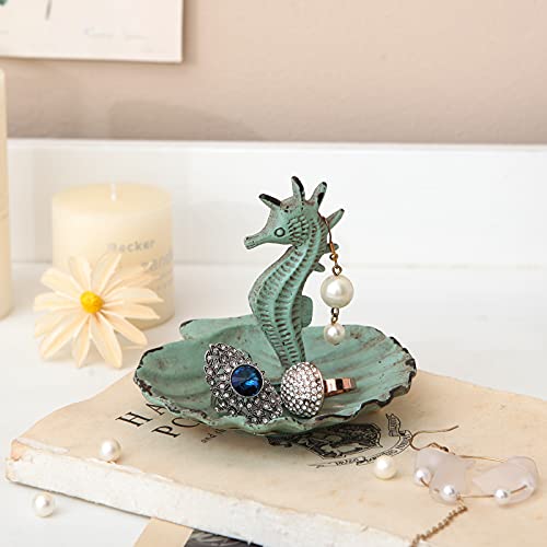 NIKKY HOME Jewelry Holder Seahorse with Shell Dish Decorative Hanging Jewelry Stand Display Vintage Ring Tray Shabby Chic Earring Necklace Metal Organizer Handmade Gift for Women Girl, Aqua Blue - Image 3