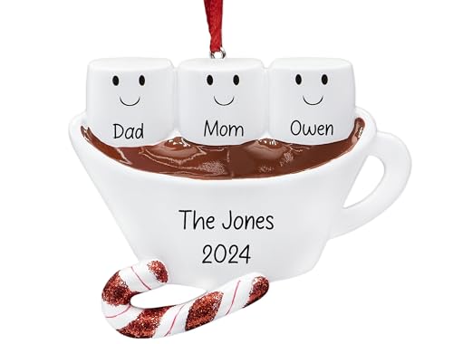UniqXmas Personalized Hot Chocolate Family of 3 Christmas Ornament 2025 | Customized Marshmallows on Mug of Cocoa with Candy Cane | Unique Keepsake Gift for Xmas Tree - Custom Name & Year