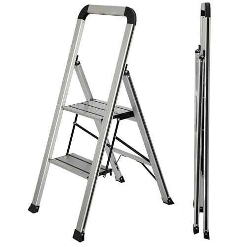 UZIRO Escalera 2 Peldaños, Escaleras Plegables de Aluminio Liviana, Decorativa, Peldaños Anchos Antideslizantes, Mecanismo Antiplegado, Compacta, Fácil de Guardar (2 Peldaños)