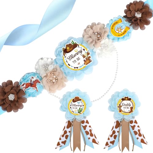 Image of Western Baby Shower Decorations - 3 Pcs A Cowboy Little is on The Way Mom and Dad to Be Sash Badge Pins Sets for Boys Blue Gender Reveal Party Supplies Brown Maternity Corsage Belt Decors