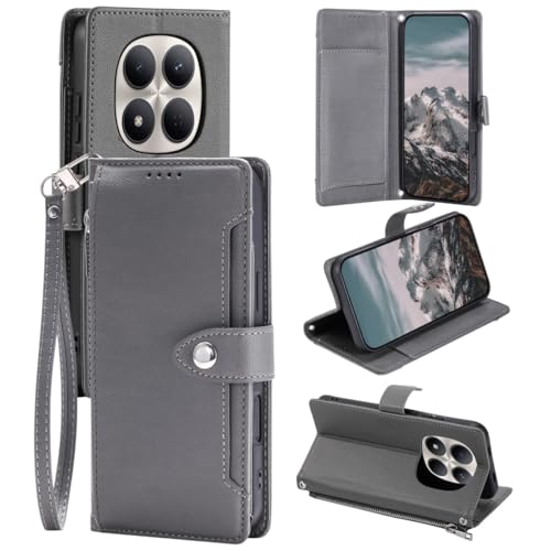 Étui en cuir Xiaomi Redmi Note 13 Pro Plus 5G gris avec finitions premium zippées