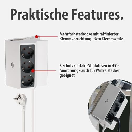 Brennenstuhl Klemmbare Steckdosenleiste 3-Fach (Mehrfachsteckdose zum Befestigen mit 3m Kabel, Klemmweite 5cm, mit erh&ouml;htem Ber&uuml;hrungsschutz) wei&szlig;/anthrazit