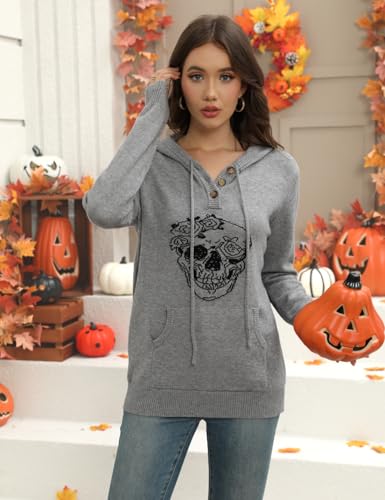 Image of CiCiBird Women Fall Winter Halloween Hoodie Flower Skull Graphic Tops Pullover 2024 Fashion Halloween Sweater Skull2 Gray L