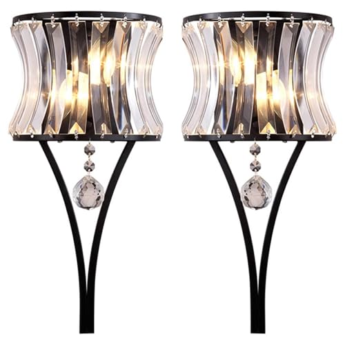 Image of Crystal Wall Sconces Set of Two, 2-Light Black Sconces Wall Decor Set of 2, Modern Bathroom Wall Light Bedside Wall Lamps Luxury Glass Sconces Wall Lighting for Living Room Bedroom Hallway