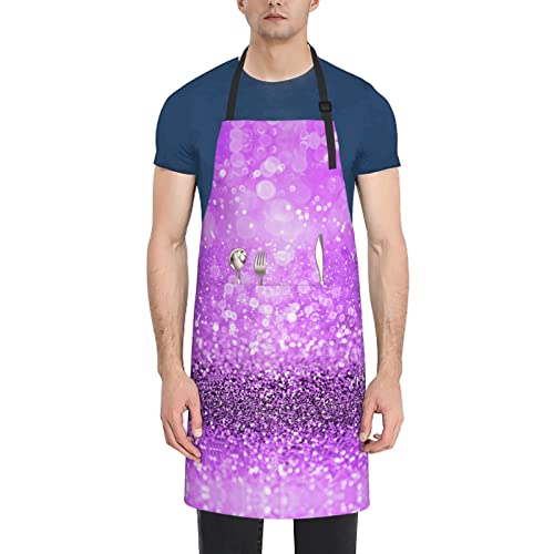 Lynsay Purple Glitter Sparkle Girly Printed Waterproof Apron, Men's And Women's Kitchen Cooking With Pockets Adjustable Soft Apron #TOP24