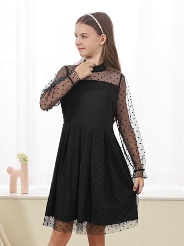 GORLYA Girls Polka Dot Mesh Long Sleeve Contrast Mock Turtleneck A-line Formal Party Tulle Dress 6-16Y3