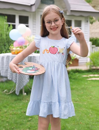 IMEKIS Toddler Kids Girls Back to School Dress Ruffle Sleeve Plaid Embroidered Kindergarten Outfit 3-8T3