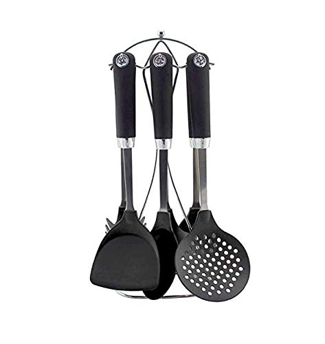 Bastilipo - Ginebra - Set de accesorios de cocina - 7 piezas: Espumadera, cucharon, cazo, espatula, espatula perforada, cucharon de pasta, soporte de acero inoxidable