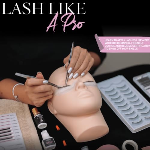 Hoka Lash Eyelash Extension Kit & Training Course and Certification, Professional Lash Extension Kit for Beginners Includes Practice Mannequin Head, Lash Trays, Glue, Tweezers, Fan & More