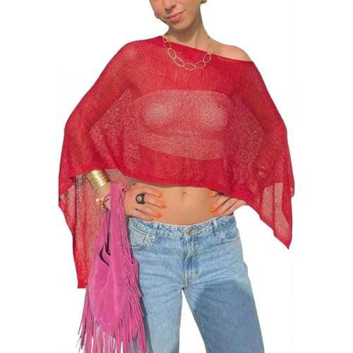 Women Sheer Poncho Top Lightweight Beach Cover Up Knit Shawl for Summer Vacation Festival Rave Outfits Red