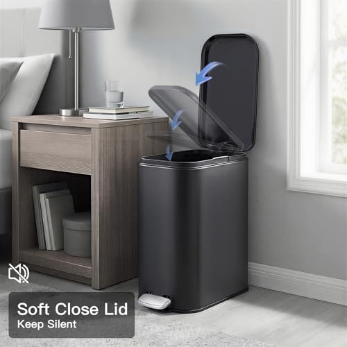 Image of GarveeHome 3.2 Gal Slim Trash Can, Step Garbage Can with Soft-Close Lid, Stainless Steel Recycling Bin Waste Container with Removable Inner Bucket for Kitchen, Bathroom, Office, Black