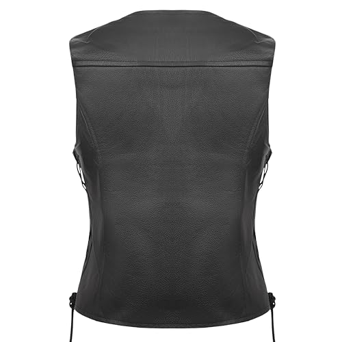 Women’s Sheepskin Leather Motorcycle Vest – Genuine Leather Biker Vest with Side Laces, Snap Closure & Pockets3
