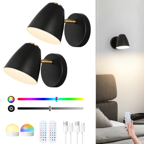 Image of Battery Operated Wall Sconce Set of 2, Black Rechargeable Sconces Wall Lighting with Remote, RGB 15 Colors Dimmable Wireless Wall Light, Indoor Sconce Lights for Bedroom Living Room Hallway