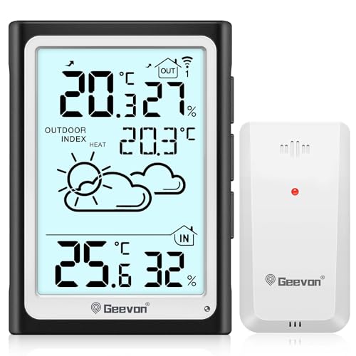 Geevon Wetterstation Funk mit Außensensor, Wetterstation mit Vorhersage Thermometer Hygrometer Innen Luftfeuchtigkeitsmesser Innen und Außentemperatur (246275 Ohne Batterien)