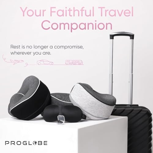 Image of Proglobe Pink Airplane Travel Pillow Set, 100% Pure Memory Foam Neck Pillow, Updated Material, Long Flight Travel Kit with 3D Contoured Eye Masks, Earplugs, and Luxury Bag