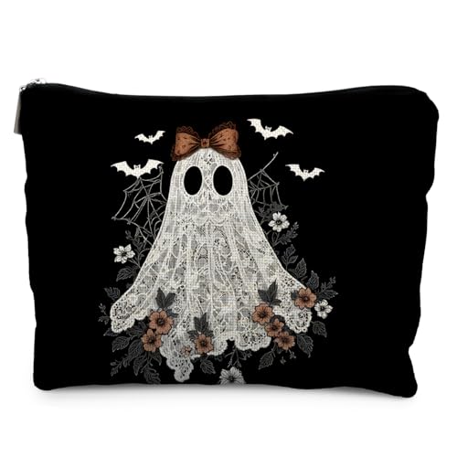 Likjad Halloween Makeup Bag, Cute Lace Ghost Floral Cosmetic Bags for Women, Spooky Ghosts Makeup Pouch, Dark Academia Halloween Zipper Pouch
