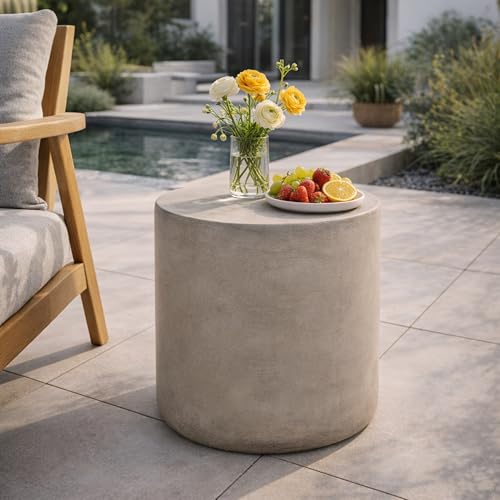 SPMETUYO Outdoor Side Table Round Concrete End Table Faux Stone Side Tables Travertine Small Coffee Tables for Patio Outdoor Garden Stool for Porch Backyard Weather Resistant MgO Cylindrical