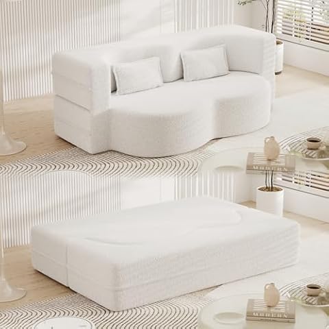 78" Convertible Cloud Sofa Couch, Modern Sleeper Sofa Full Size Folding Mattress, Boucle Floor Sofa with 2 Pillows, Comfy Foam-Filled Loveseat Guest Bed for Living Room, No Assembly Required, Beige Cover