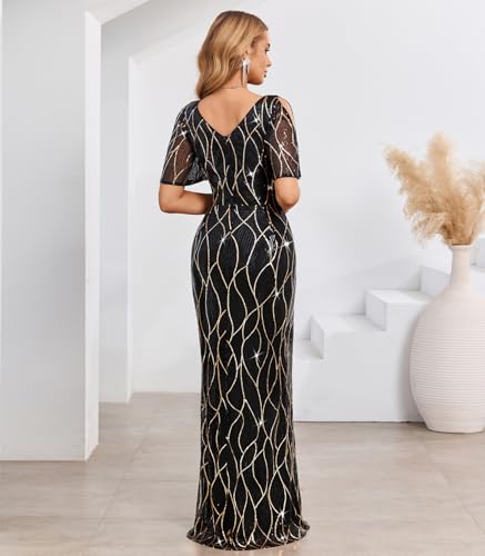 Image of Cololura Women Sexy Elegant Sequin Short Sleeve Party Bodycon Maxi Dress Cocktail Evening Gown Formal Dresses