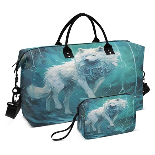 Fancy Blue Watercolor Wolf Sports Swim Gym Bag Weekender Duffel Travel Bags Handbag with Makeup Storage Bag for Girls Men