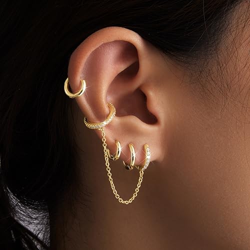 Image of Small Gold Huggie Hoop Earrings Set for Women Men Hypoallergenic 14K Plated Stack Cartilage Earrings, Sterling Silver Multiple Piercing Lightweight Mini Thin Cute Dainty Trendy Jewelry Gifts for Women