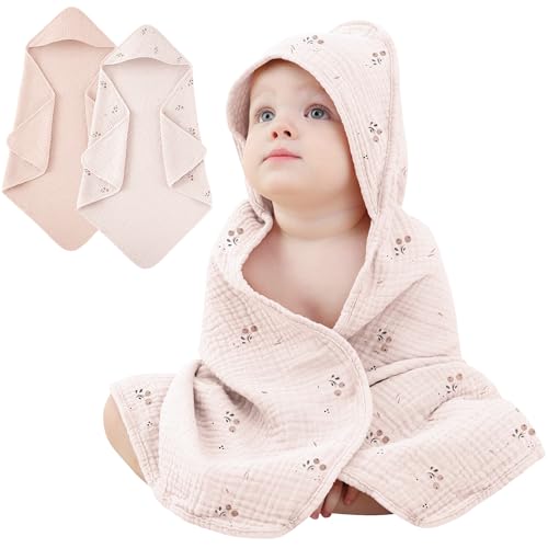Susurration Baby Handtuch Kapuze für Badezimmer 4-Lagiges Kapuzenhandtuch Baby 2er-Pack Musselin Baumwolle Baby Handtuch Kapuze Weiche und Saugfähige Babyhandtuch mit Kapuze (Orangenblüte)