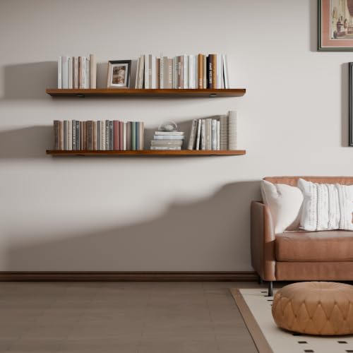 Image of 48 Inch Long Floating Shelf for Wall, 2 Tier Solid Wood Floating Book Shelf,Walnut Large Wall Shelf with Heavy Duty Brackets,Floating Bookshelf for Living Room