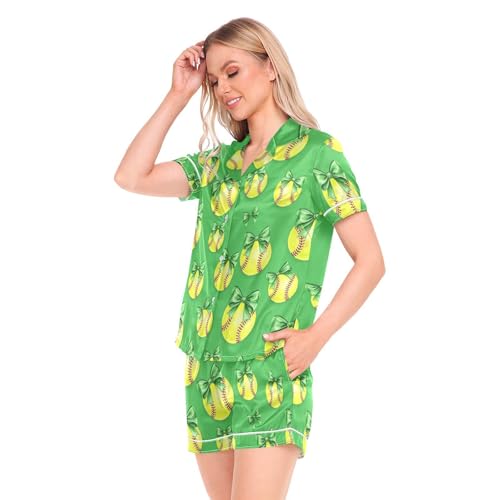 Image of Womens Silk Satin Pajamas Set Western Theme Womens Short Sleeve Shorts Set 2 Piece Sleepwear Lounge Set S-XXL