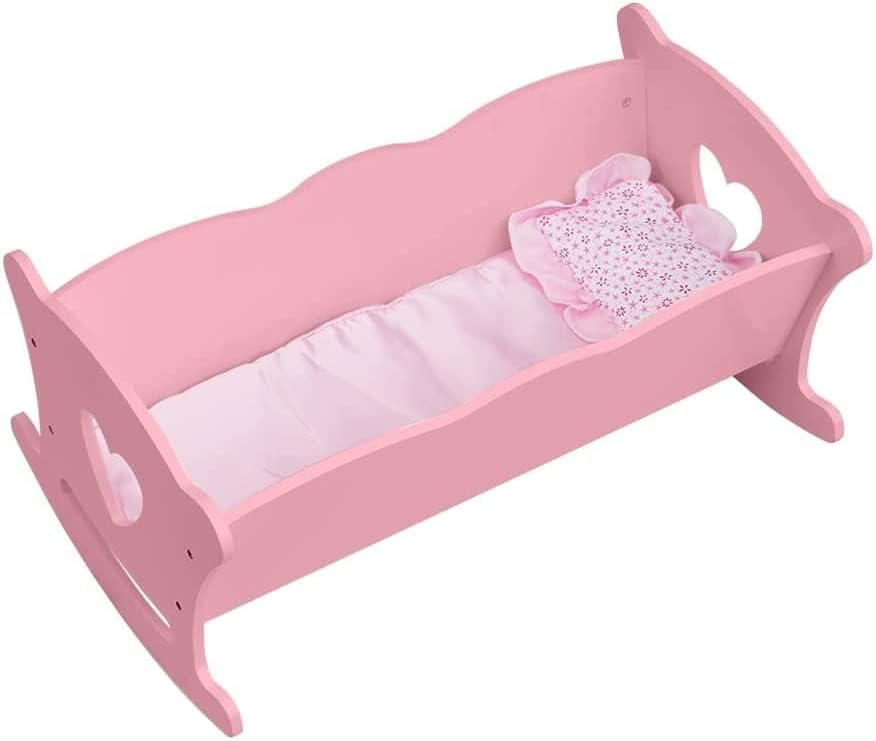 DUDUPIE Wooden Baby Doll Cradle Bed Set with Bedding, Rocking Doll Crib for 18 inch Dolls, Dolls Furniture Cot, Realistic Pretend Play Toy Gift for Girls Boys Kids Ages 3+