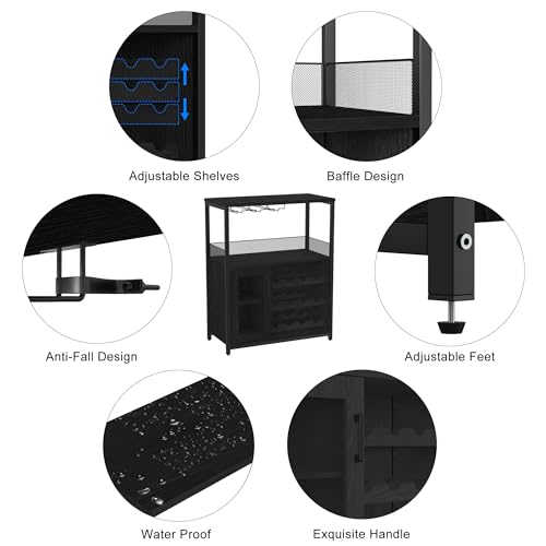 GarveeHome 3-Tier Wine Bar Cabinet with LED Lights & Wine Rack, Liquor Cabinet with Storage, Coffee Bar Cabinet with Glass Holder & Mesh Door, Sideboard Buffet Bar for Living Room, Dining Room, Black