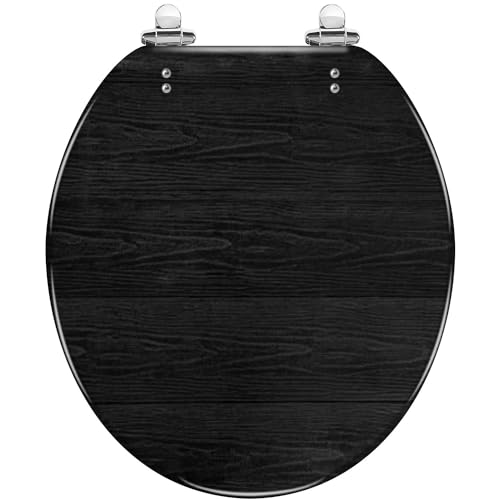 Round Toilet Seat Black wood textured Resin Toilet Seat Slow Quiet Close with Quick-Release Hinges Toilet Seat with Cover Easy to Clean Install