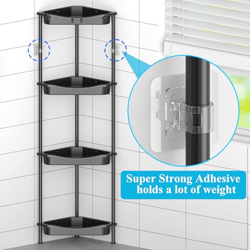 Image of HuggieGems 4 Tier Floor Standing Corner Shower Caddy Organizer Shelf with Hooks, Bathroom Shelves Stand Rack, Jet Black