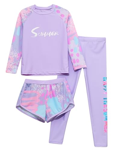 Hedmy Girls Long Sleeve Swimwear Rashguard T-Shirts with Swim Shorts Pants Set 3pcs Quick Dry Swimsuits UPF 50