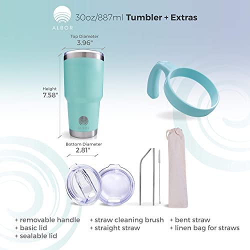 Albor Insulated Tumbler With Lid And Straw - 30 Oz Insulated Coffee Mug With Handle, Travel Coffee Mug, Triple Insulated Technology With 2 Lids, 2 Metal Straw, Brush And Storage Bag By Albor, Seafoam #TOP3