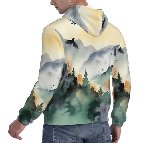 Men's Fleece Pullover Hoodie Long Sleeve Hooded Mountain birds watercolor Sweatshirt Casual Shirts With Pockets Medium Black4