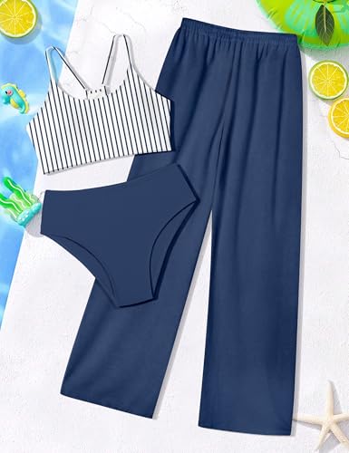 Image of NECIOUS Girls Swimsuit, 3 Piece Bikini Bathing Suit Tropical Floral Swimwear with Cover Up Pants 7-16Y