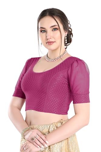 Image of FINESTFIT Stay On Trend Fashion 100% Cotton Readymade Blouses for Women,Round Neckline with Organza Balloon Sleeves.