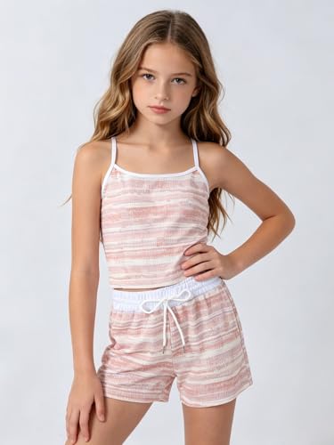 Image of Size 7-14Y Girls Clothes 2 Piece Outfits Striped Tank Top Drawstring Shorts Teen Girls Summer Clothing Sets
