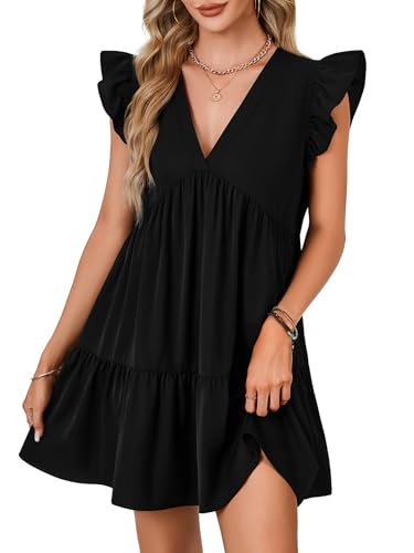 Image of LYANER Women's Summer Casual Babydoll Mini Dress Ruffle Sleeveless Deep V Neck High Waist Flowy Swing Tunic Dress