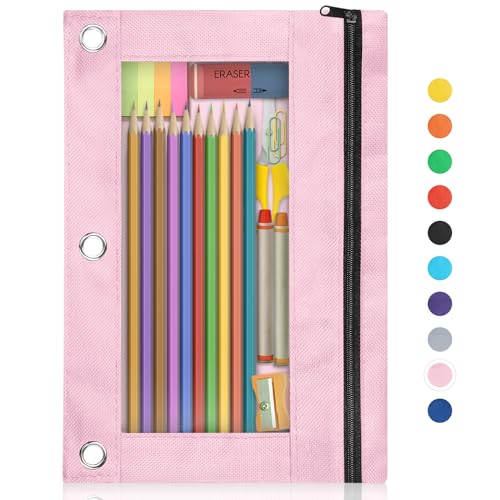 Image of Shemira Pencil Pouch for 3 Ring Binder, Binder Pencil Pouch with Smooth Zipper, Clear Window Pencil Case for Binder, Zipper Pencil Pouches, Big Capacity 3 Ring Binder Pencil Bag, Pink