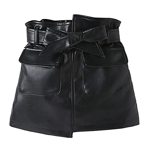 FINELOOK FINELOOK Toddler Baby Kid Girl's PU Leather Bowknot Waist Belt A-line Mini Skirts with Front Pockets (Black, 18-24 Months)