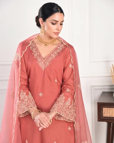 Image of Royal Export Women's Kurta Set | Viscose Silk Floral Embroidered Straight Kurta Pant Dupatta Set Kurta Sets for Women | Ladies Kurta Set (RX60-P)